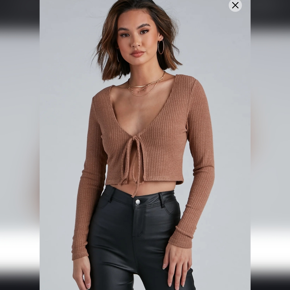 Camel Long Sleeve Crop Top Tie Front